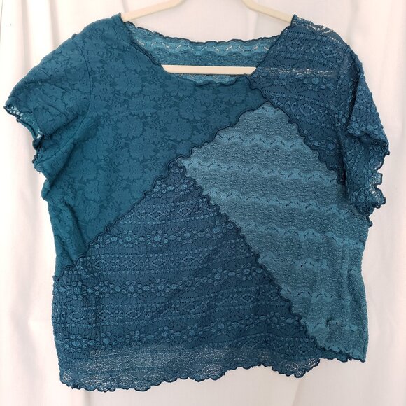 Tops - Woman Blue Teal See Through Unique Design Pattern Short Sleeve Blouse Top